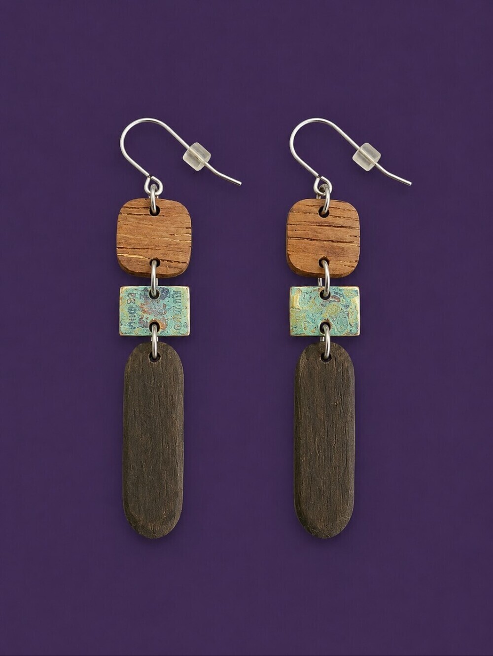 VTG Wood Geometric Art Deco Dangle Hook Earrings